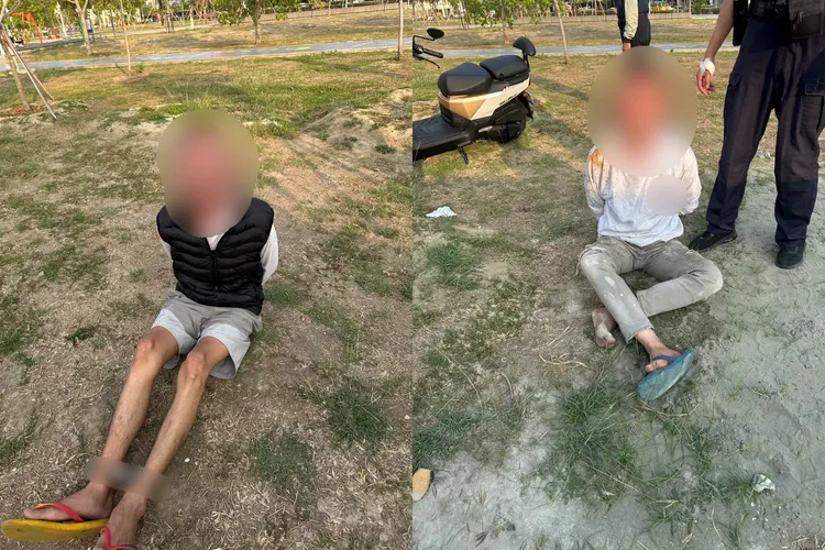 警方逮到黃男、曾男兩名詐團成員，起出偽造車牌、收水工具等。翻攝照片