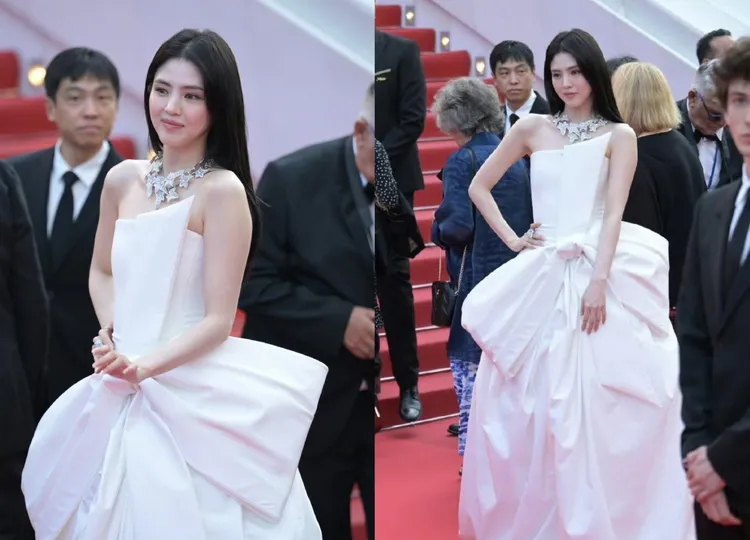 韓素希以一襲飄仙氣的白色禮服優雅登上坎城影展。翻攝微博