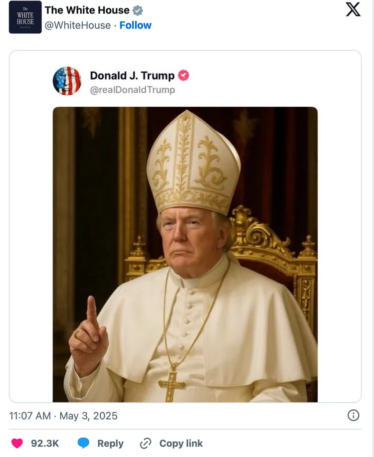 美國白宮的官方X帳號分享川普的教宗AI照。翻攝X