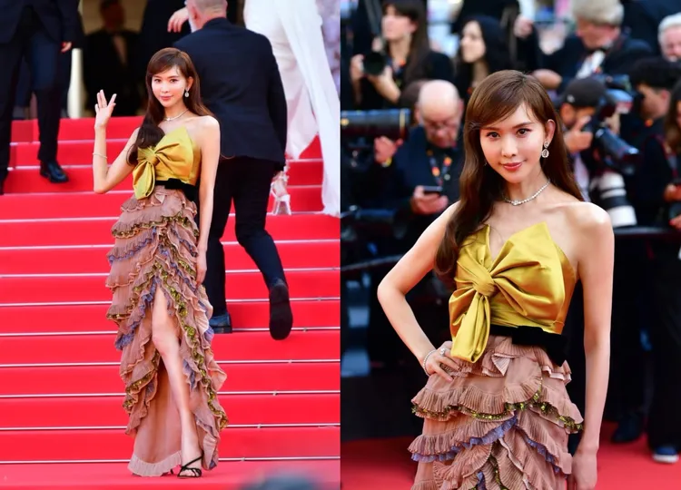 林志玲穿著Valentino芥末黃緞面蝴蝶結禮服，搭配薔薇色層疊波浪蛋糕裙。翻攝林志玲IG