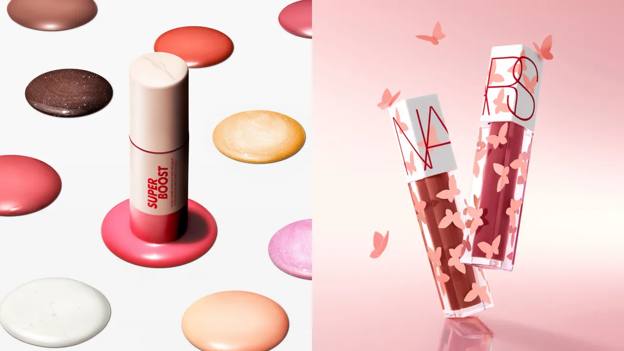 MAKE UP FOR EVER(左圖)推出難得走清新風的超能量冰沙翹唇萃;NARS(右圖)全新流光蝶羽系列中也有兩款激情過後嫩唇油新色。品牌提供