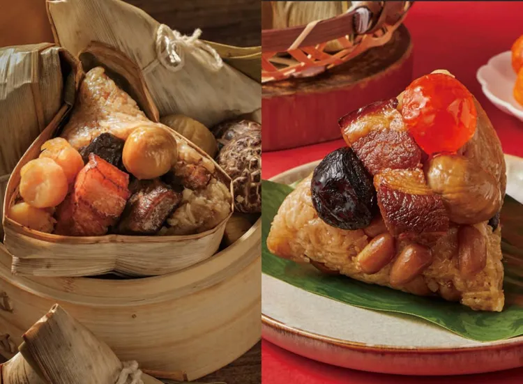 晶華酒店嚴選干貝八寶粽禮盒(左)、北投老爺酒店紹興東坡肉粽禮盒(右)。業者提供