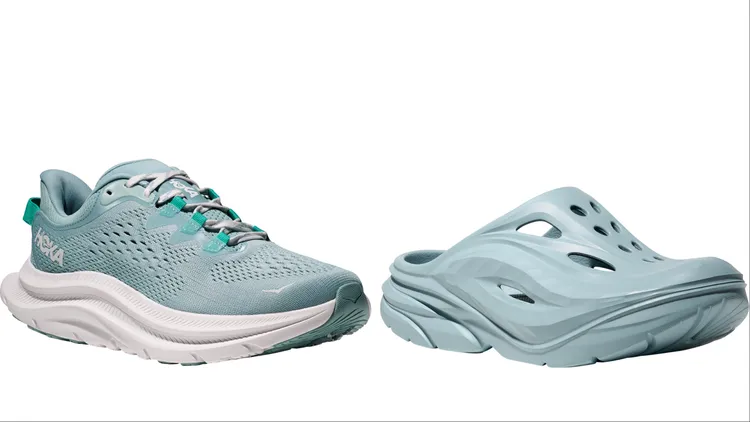 HOKA女款KAWANA 2跑鞋（左）4680元、U ORA RECOVERY MULE恢復拖鞋（右）2680元。品牌提供