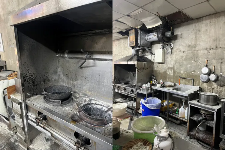 茶餐廳在準備期間疑似廚房抽油煙機起火燃燒。翻攝照片