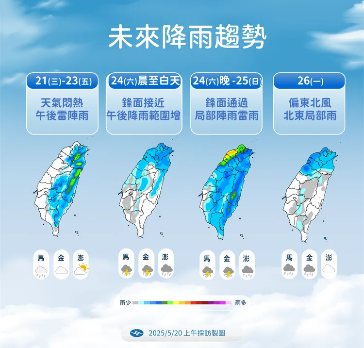 未來（21日至26日）降雨趨勢。中央氣象署提供