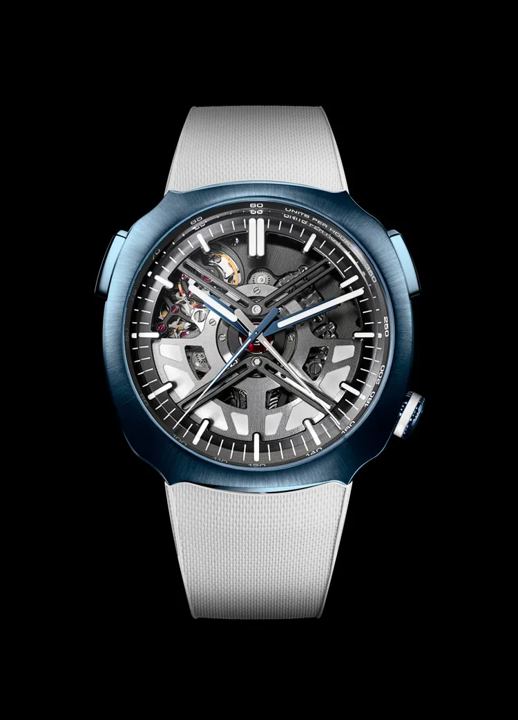 Streamliner Alpine Drivers Edition腕錶，42.3mm，藍色PVD處理不鏽鋼錶殼，全鏤空錶盤，一體式白色橡膠錶帶 ，HMC 700自動上鍊機芯，動力儲存72小時，防水深度120米，限量200只。品牌提供