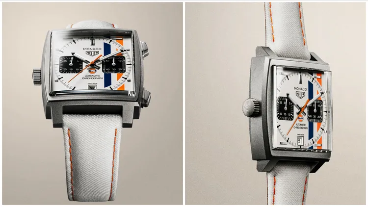 TAG Heuer Monaco x Gulf 計時腕錶白色限量版，銀白色精細粒紋錶盤，白色織布 (Nomex防火纖維)錶帶，Calibre 11自動上鍊計時機芯，限量971只，31萬3000元。品牌提供
