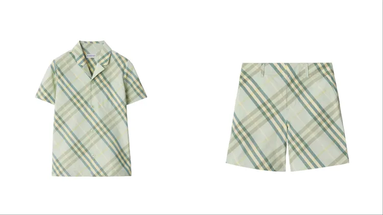 BURBERRY微風色格紋棉質襯衫（左）8900元、微風色格紋棉質短褲（右）1萬200元。品牌提供