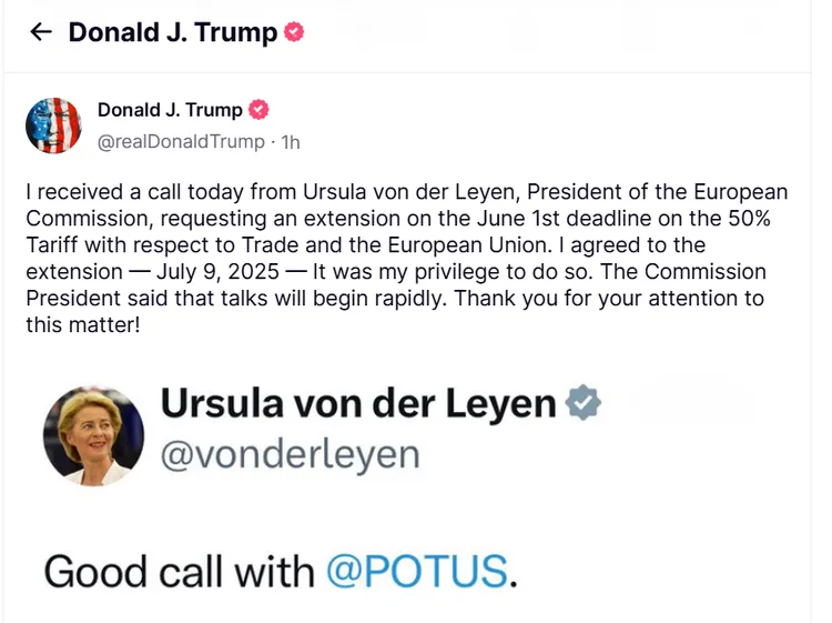 川普在社群平台宣布，歐盟執行委員會主席范德賴恩來電要求延後關稅，並展開談判。翻攝Truth Social