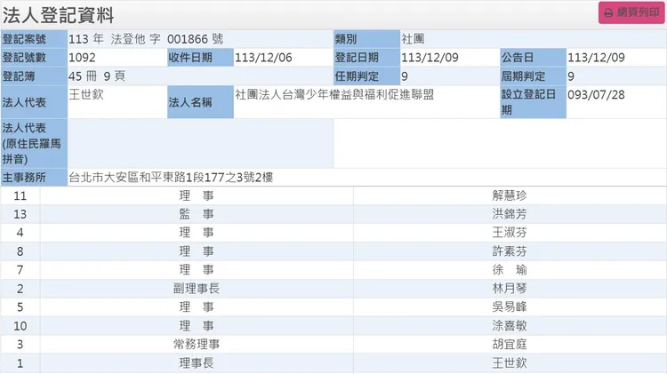 林月琴擔任台灣少年權益與福利促進聯盟副理事長。翻攝自黃揚明臉書