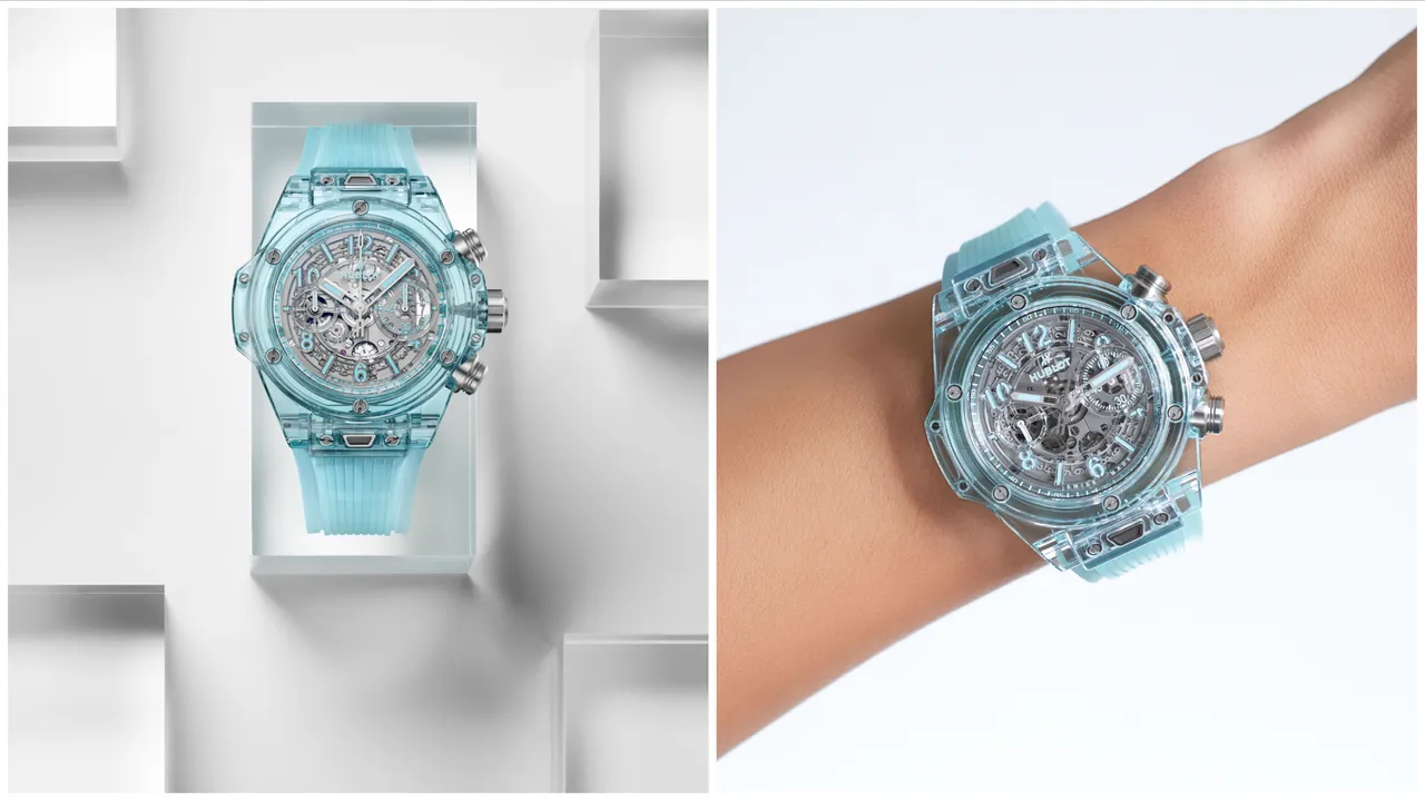 Hublot推出全新Big Bang Unico湖水藍寶石計時碼錶。品牌提供