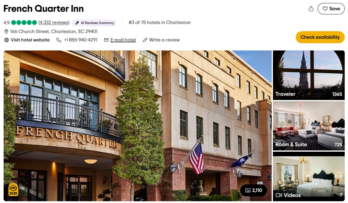 French Quarter Inn（美國） 這間美國飯店以潔淨舒適、細緻裝潢與貼心服務著稱，是全球最受好評的飯店之一。