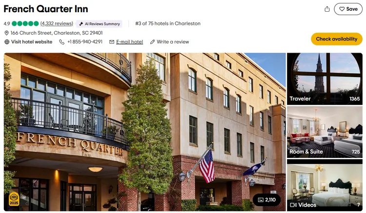 French Quarter Inn（美國） 這間美國飯店以潔淨舒適、細緻裝潢與貼心服務著稱，是全球最受好評的飯店之一。