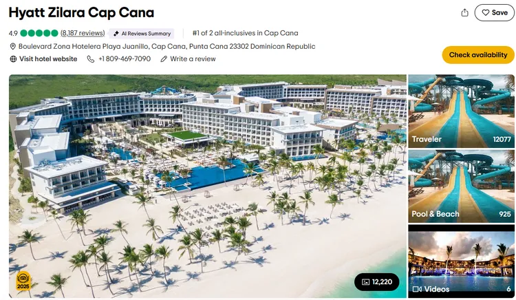 Hyatt Zilara Cap Cana（加勒比） 加勒比海地區另一間上榜飯店，位於 Cap Cana 社區的全包式成人專屬度假村，擁有無敵海景與奢華設施，是水上活動愛好者的天堂。