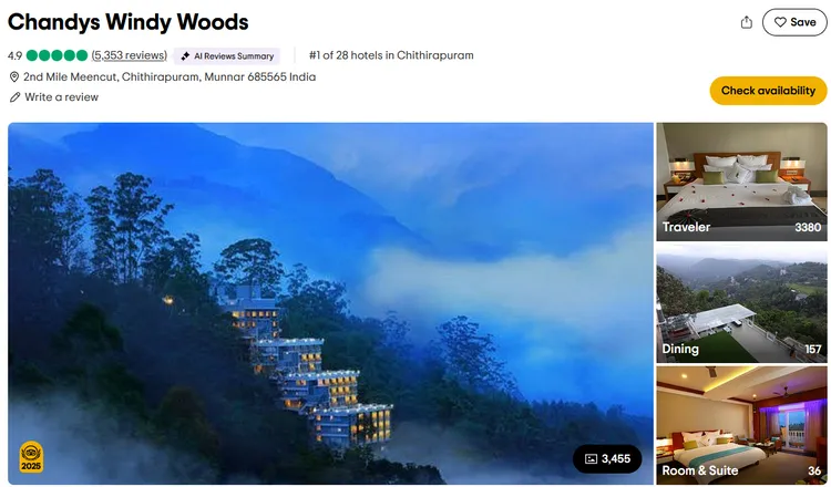 Chandys Windy Woods（印度） 印度第二間上榜飯店，位於慕那爾山區，擁有溫水泳池、人造森林、多項活動及貼心服務，是享受自然與高品質住宿的絕佳選擇。