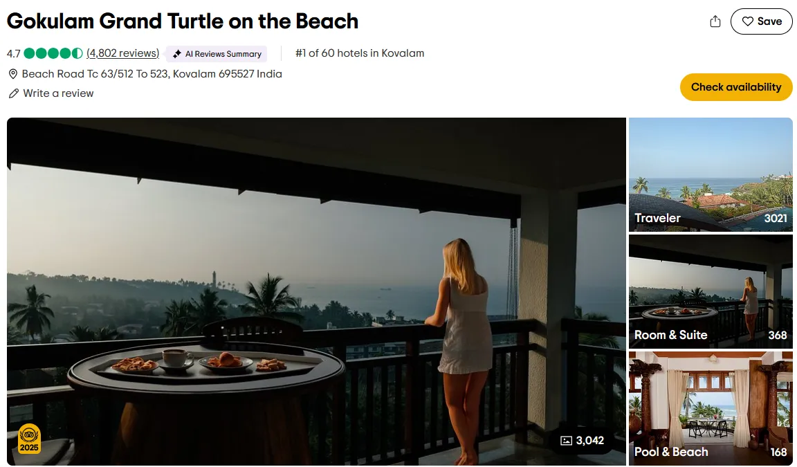 Gokulam Grand Turtle on the Beach（印度） 印度入榜的第一間飯店，位於哈瓦海灘旁的精品飯店。融合奢華與藝術氣息，房間以現代設計搭配木質與傳統印度元素，餐飲多元且精緻。