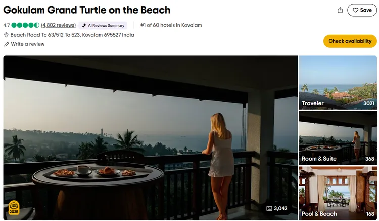 Gokulam Grand Turtle on the Beach（印度） 印度入榜的第一間飯店，位於哈瓦海灘旁的精品飯店。融合奢華與藝術氣息，房間以現代設計搭配木質與傳統印度元素，餐飲多元且精緻。