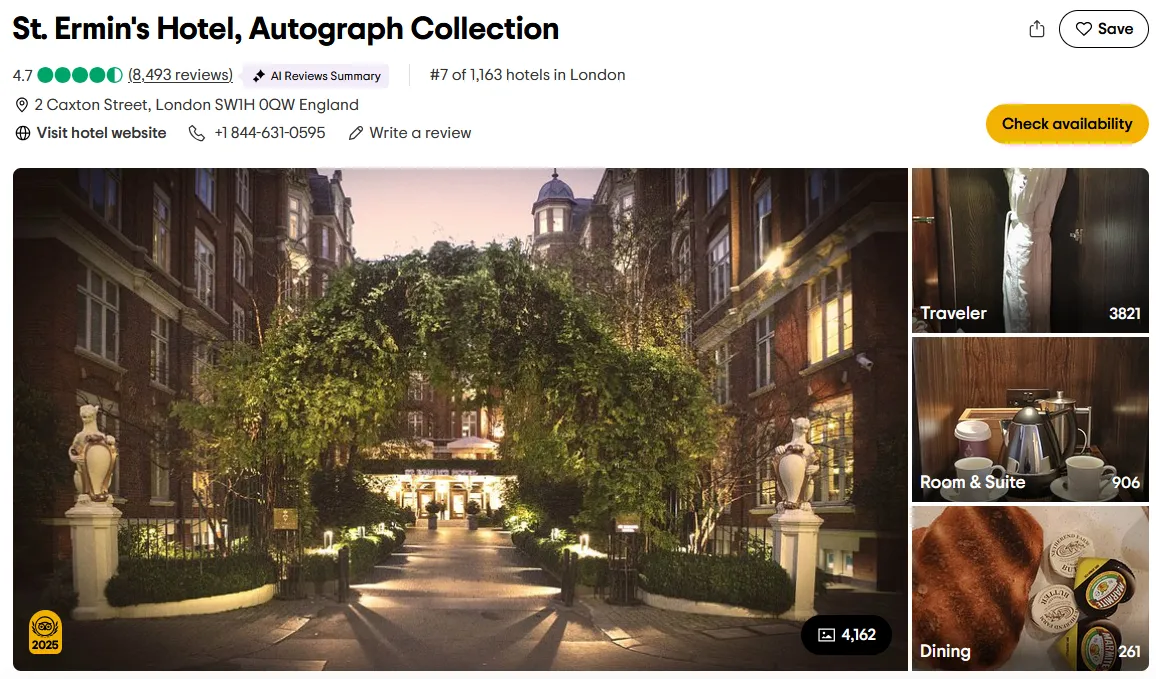 St. Ermin’s Hotel, Autograph Collection（英國） 位於倫敦聖詹姆士區，隸屬萬豪旗下的 Autograph Collection。飯店將復古風格與現代設備完美結合，是遠離城市喧囂的好去處。