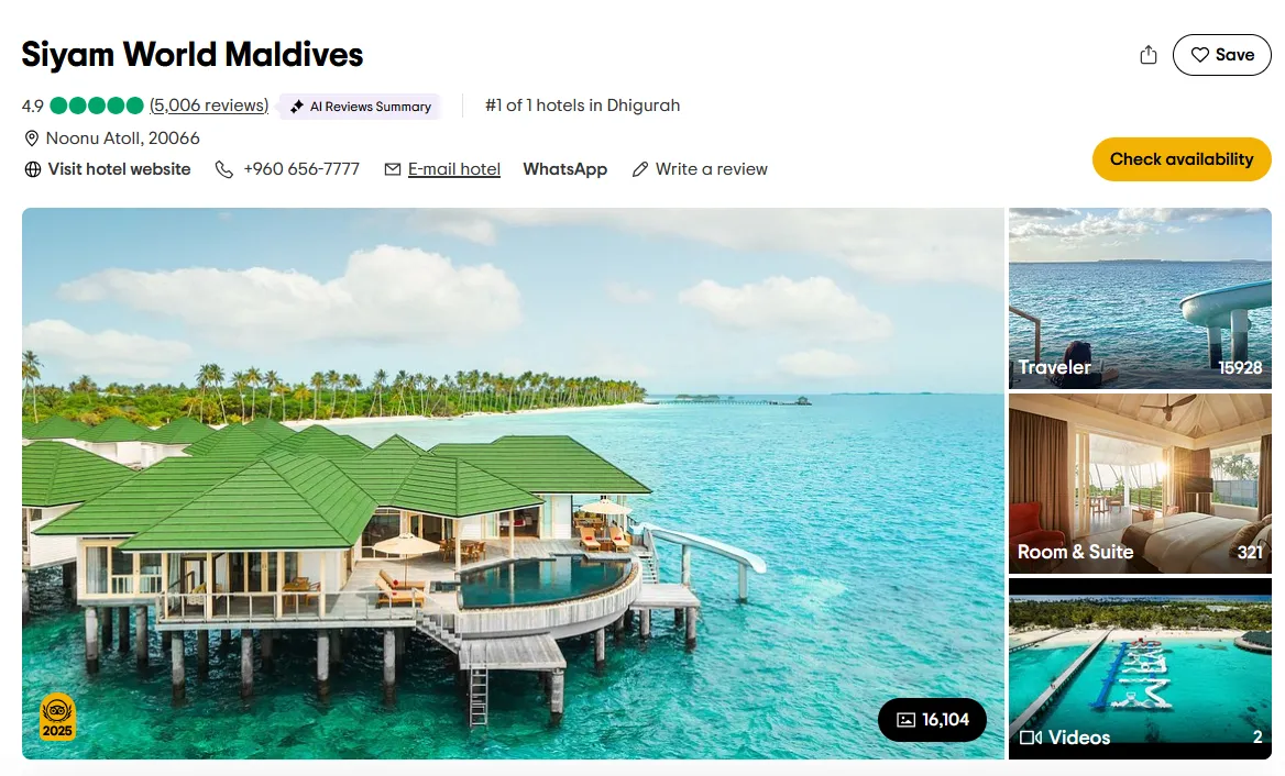 Siyam World Maldives（馬爾地夫） 面向海洋的優雅別墅與頂級設施，提供浮潛、潛水與純放鬆的理想熱帶天堂，是馬爾地夫炙手可熱的度假選擇。