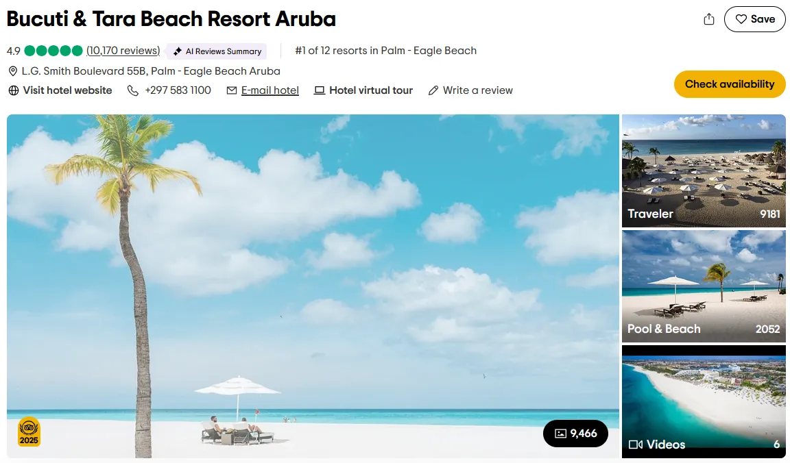Bucuti & Tara Beach Resort Aruba（加勒比） 位於阿魯巴老鷹海灘的成人專屬浪漫度假村，主打浪漫與健康生活風格。飯店內的 Elements 餐廳提供世界級海景餐飲體驗。
