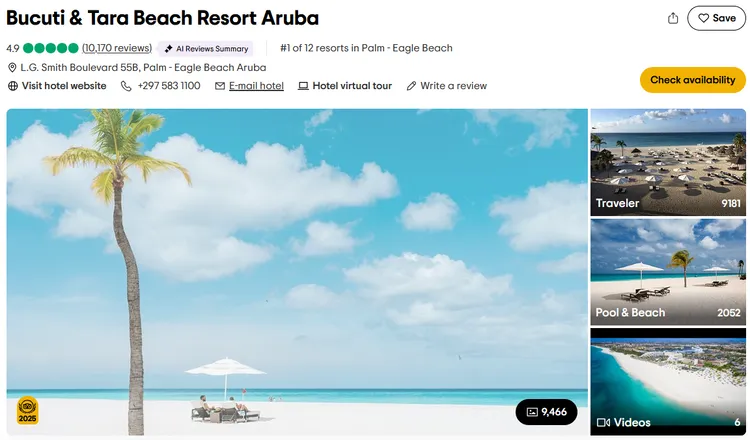 Bucuti & Tara Beach Resort Aruba（加勒比） 位於阿魯巴老鷹海灘的成人專屬浪漫度假村，主打浪漫與健康生活風格。飯店內的 Elements 餐廳提供世界級海景餐飲體驗。