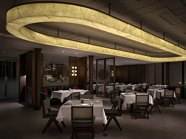 弈夢紅樓以創新手法佐以各式復古元素，設計燈飾搖曳生光、雅韻銅鏡相映成趣，彷彿置身摩登的海派租界時光。瀚寓酒店提供