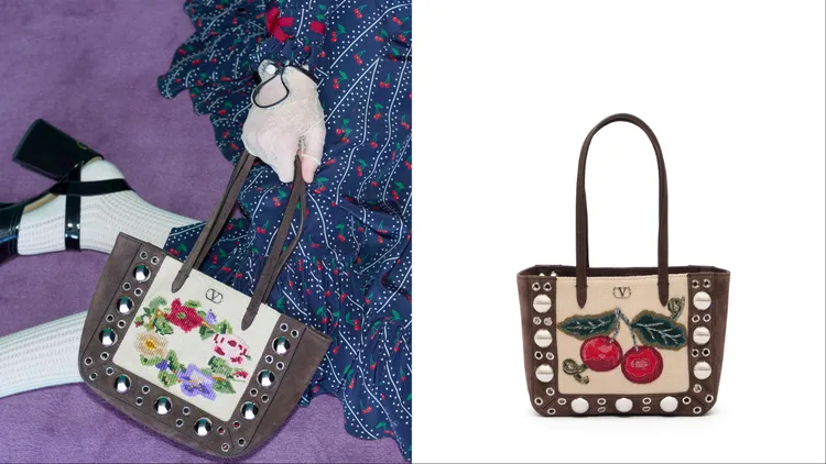 Garavani Nellcôte早秋帶來全新迷你尺寸，並增添俏皮Cherryfic圖案等豐富刺繡細節。品牌提供