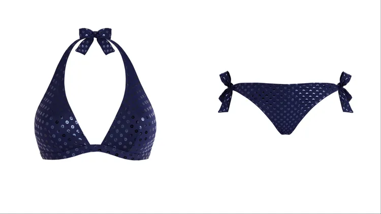 Vilebrequin FLECHE亮片風格綁帶式繞頸比基尼上衣（左）4900元、FLAMME亮片風格側綁帶比基尼下身（下）4400 元。品牌提供