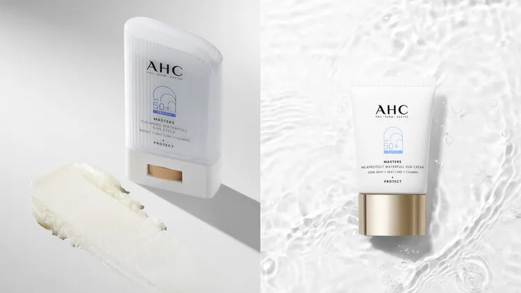 AHC 9重全護爆水舒緩防曬棒（左）22g／950元、9重全護撫紋淡斑防曬乳（右）40ml／900元。品牌提供