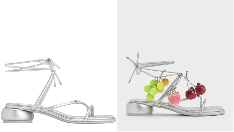 藤蔓繞踝涼鞋以搶眼銀色皮革展現時髦感，搭配果實吊飾後更顯俏皮。品牌提供