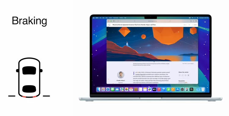 「車輛動態提示」可協助減輕搭乘移動中車輛時的暈車感，現在也將登上Mac。Apple提供

