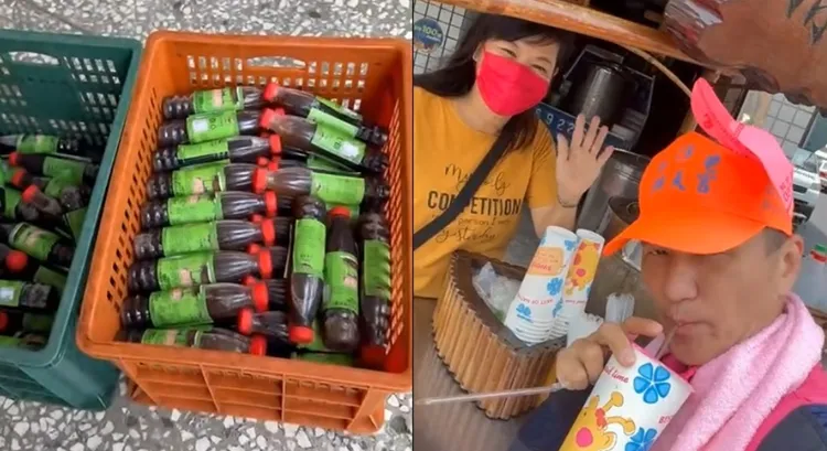 老闆娘準備100多瓶青草茶，請常如山路上發送給香燈腳。讀者提供