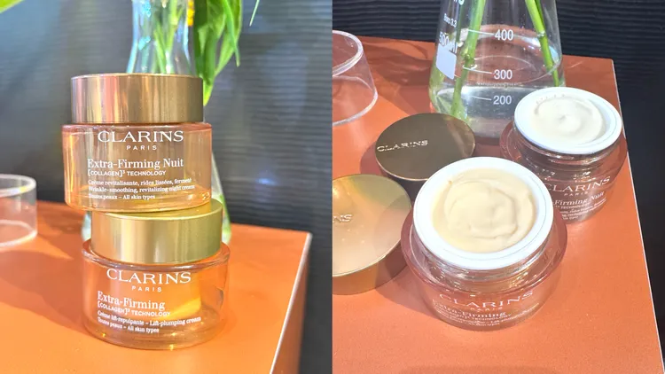 克蘭詩第9代膠原彈簧霜，日霜50ml／3850元（補充瓶50ml／3050元）、潤澤日霜50ml／3850元、晚霜50ml／4050元（補充瓶50ml／3200元）、潤澤晚霜50ml／4050元（補充瓶50ml／3200元）。張家玲攝