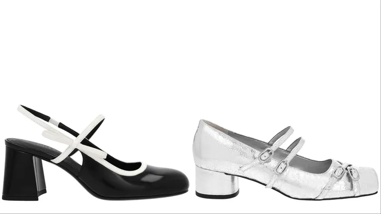 小CK撞色蝴蝶結裸跟鞋（左）、雙帶方頭瑪莉珍跟鞋（右），各1990元。品牌提供