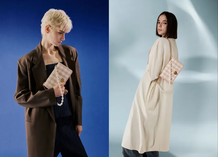 Alessia珍珠鍊編織包以粉嫩格紋外觀營造夢幻風格。品牌提供