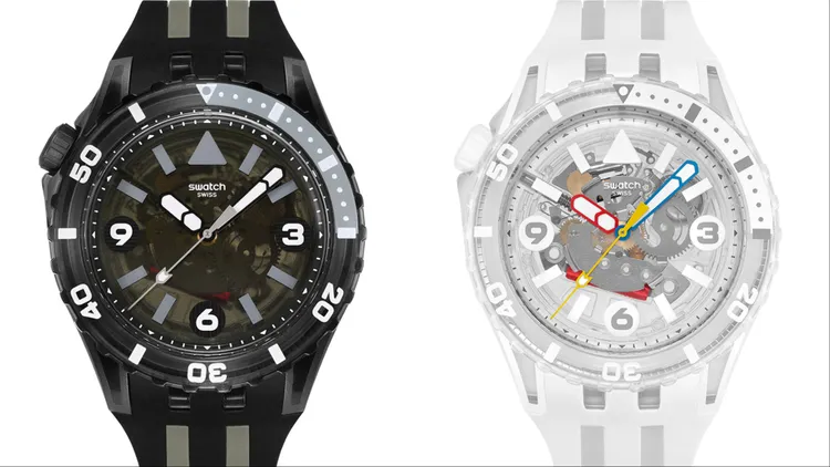 SWATCH SCUBAQUA系列腕錶BLACK SEA NETTLE（左）、AURELIA AURITA（右），各4850元。