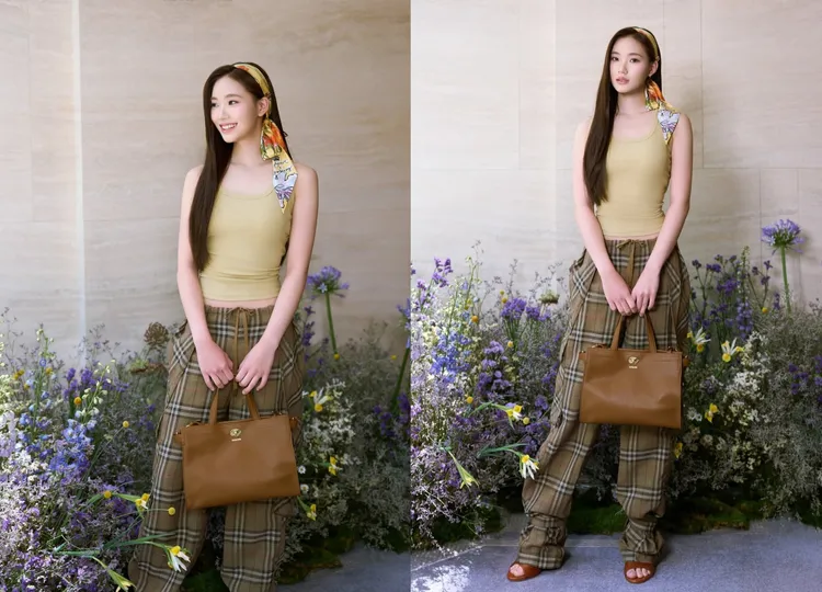 Lily透過絲巾、格紋褲的搭配，演繹充滿春日氣息英式美學。翻攝Lily IG