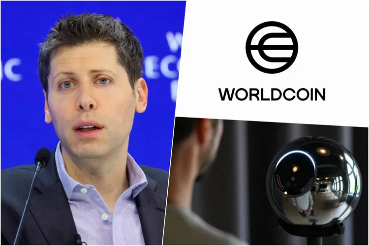 OpenAI執行長奧特曼（左）用球體裝置Orb（右上）掃描虹膜送你WLD加密貨幣。合成照