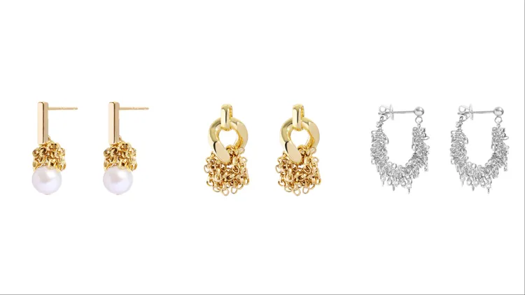 OLIVIA YAO Tassels平衡金穗珍珠耳環（左起）3980元、金色鎖鍊金穗耳環3980元、銀色圈型金穗耳環4080元。品牌提供