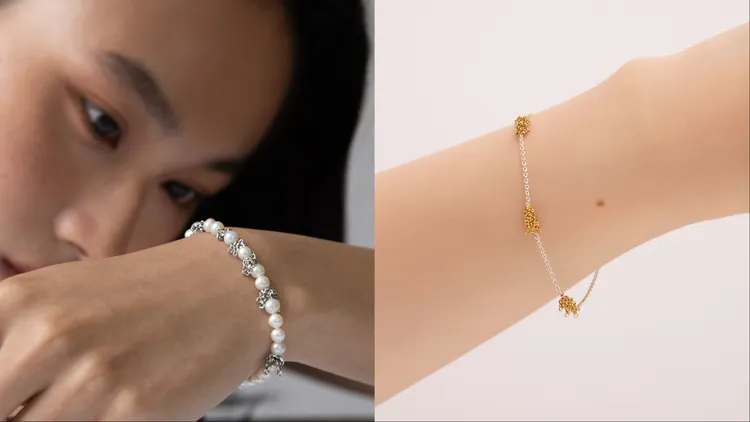 OLIVIA YAO Tassels珍珠金穗球磁吸手鍊（左）4980元、14K合金金穗手鍊（右）3980元。品牌提供