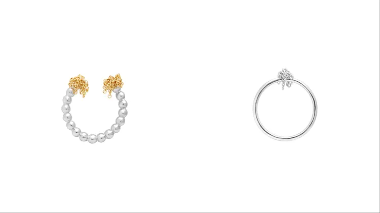 OLIVIA YAO Tassels 14K合金穗球開口戒（左）3800元、純銀穗球戒指（右）2980元。品牌提供