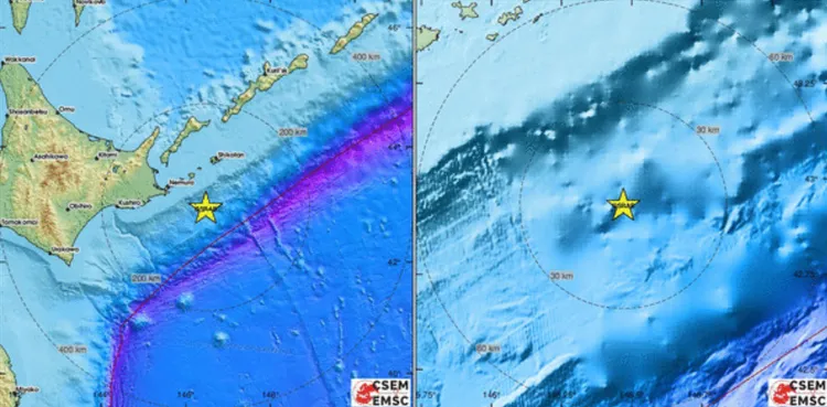 日本北海道外海發生規模6強震。翻攝EMSC