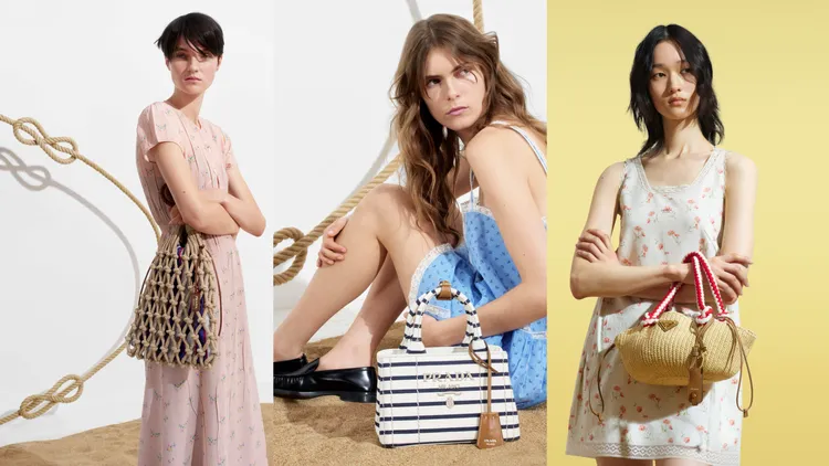 PRADA繩索造型手提包（左）價格店洽、海洋風條紋托特包（中）7萬2000元、繩索造型鉤織肩背包（右 8萬4000元。品牌提供