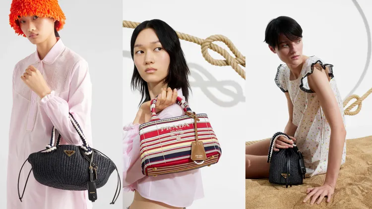 PRADA繩索造型鉤織肩背包黑色（左）  8萬4000元、海洋風條紋托特包（中）價格電洽、繩索造型鉤織水桶包（右）7萬元。品牌提供