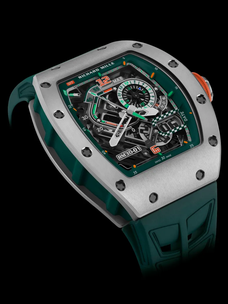 RICHARD MILLE RM 30-01 Le Mans Classic離合擺陀自動上鍊腕錶，42*49.94*17.59mm，五級鈦合金錶殼，藍寶石水晶 錶盤，RMAR2鏤空自動上鍊機芯，動力儲存55小時，防水深度50米，限量150只。品牌提供