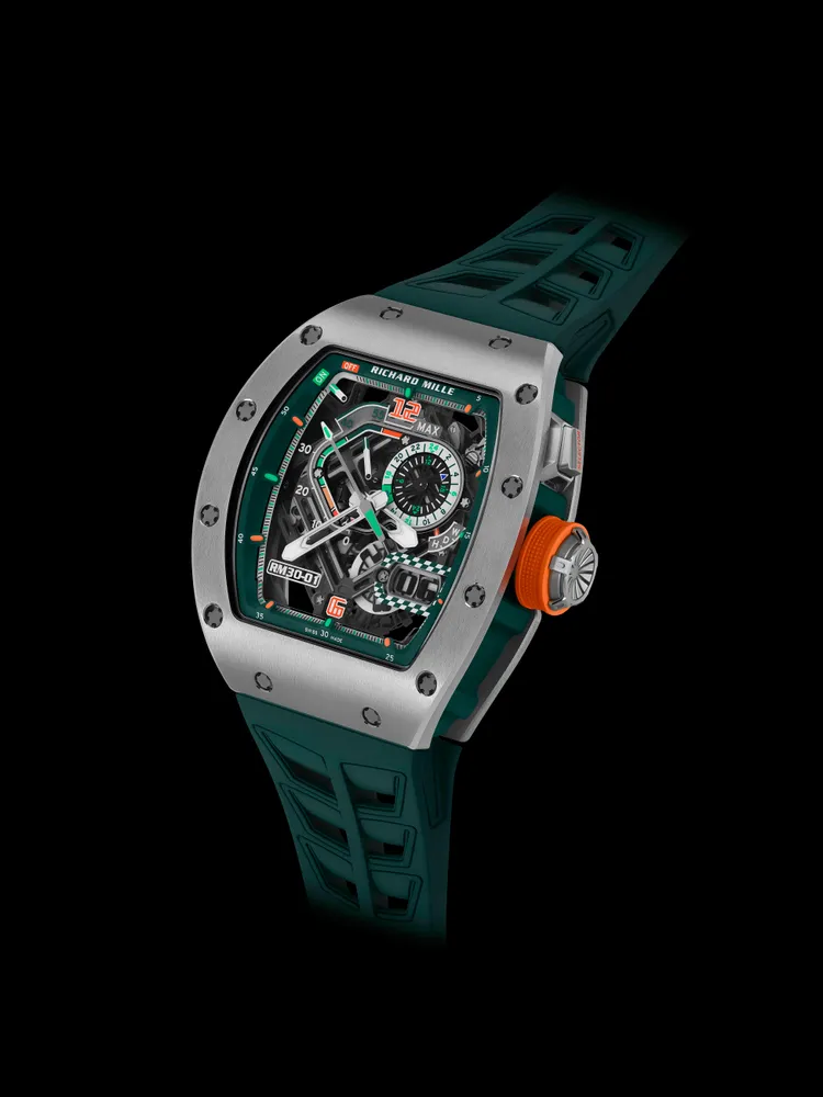 RICHARD MILLE RM 30-01 Le Mans Classic離合擺陀自動上鍊腕錶，42*49.94*17.59mm，五級鈦合金錶殼，藍寶石水晶 錶盤，RMAR2鏤空自動上鍊機芯，動力儲存55小時，防水深度50米，限量150只。品牌提供