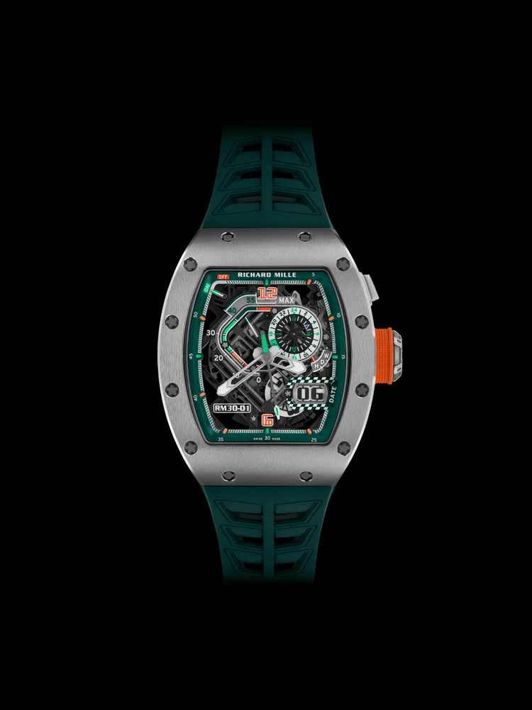RICHARD MILLE RM 30-01 Le Mans Classic離合擺陀自動上鍊腕錶，42*49.94*17.59mm，五級鈦合金錶殼，藍寶石水晶 錶盤，RMAR2鏤空自動上鍊機芯，動力儲存55小時，防水深度50米，限量150只。品牌提供