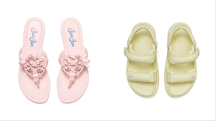 TORY BURCH x BonBon Miller蝴蝶結涼鞋（左）1萬500元、Kira Sport加墊涼鞋（右）1萬4000元。品牌提供