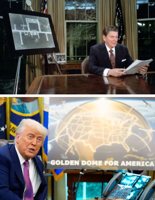 1983年雷根宣布星戰計畫（上圖，翻攝Reagan Library）；2025年川普宣布金穹計畫。下圖。美聯社