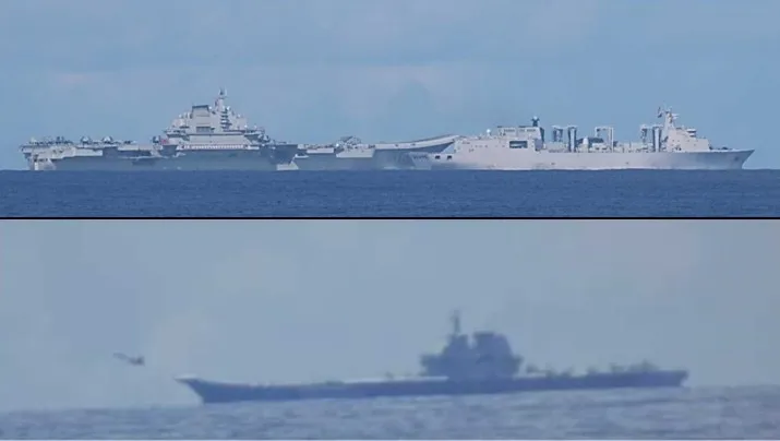 日本防衛省公布共軍兩艘航空母艦照片。上圖為遼寧艦及其護衛艦，下圖為山東艦。翻攝日本防衛省統合幕僚監部網站